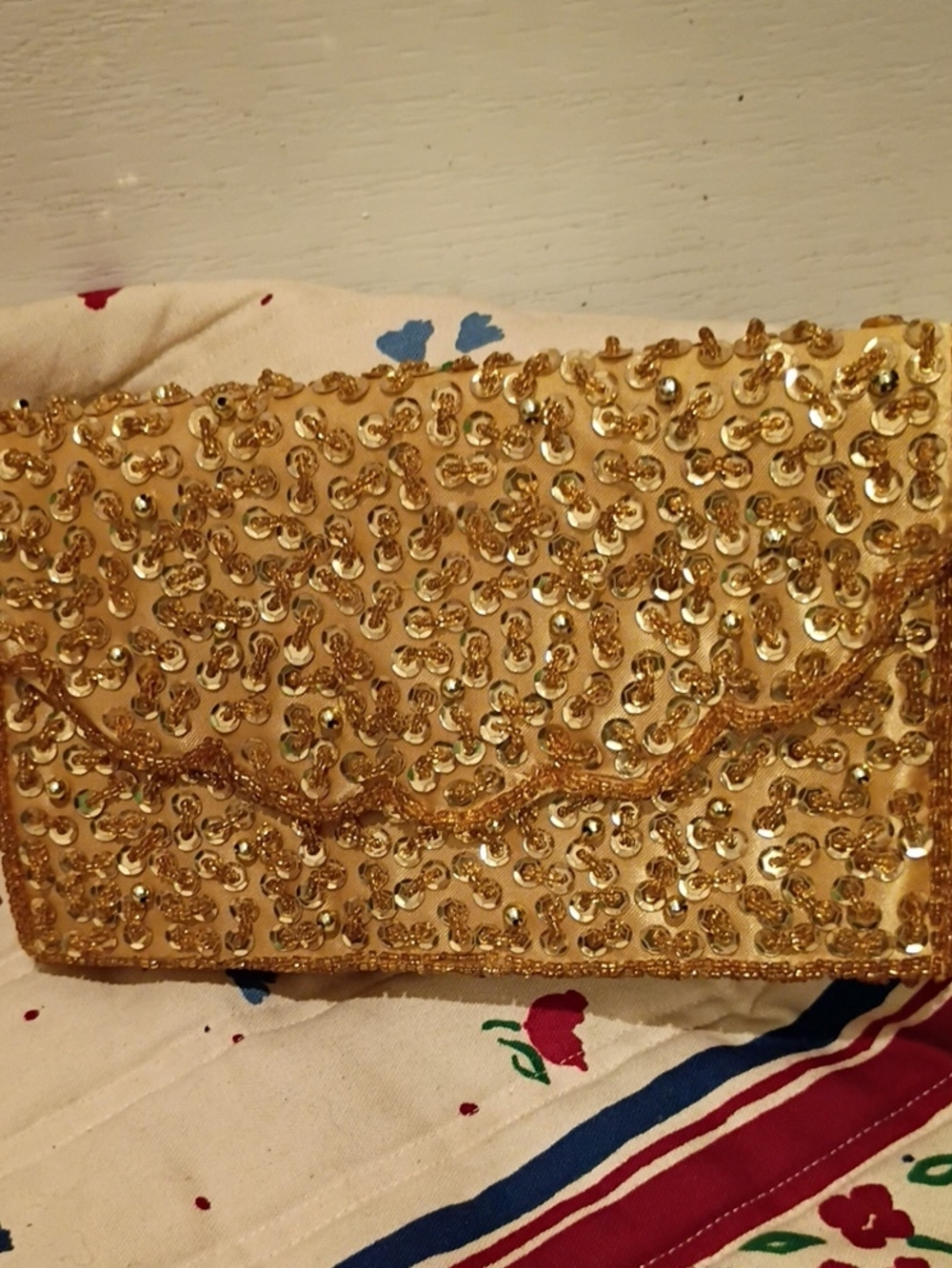 Gold Sequin Evening Clutch with Beaded Accent